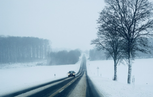 Car driving in Snow in Maryland Winter