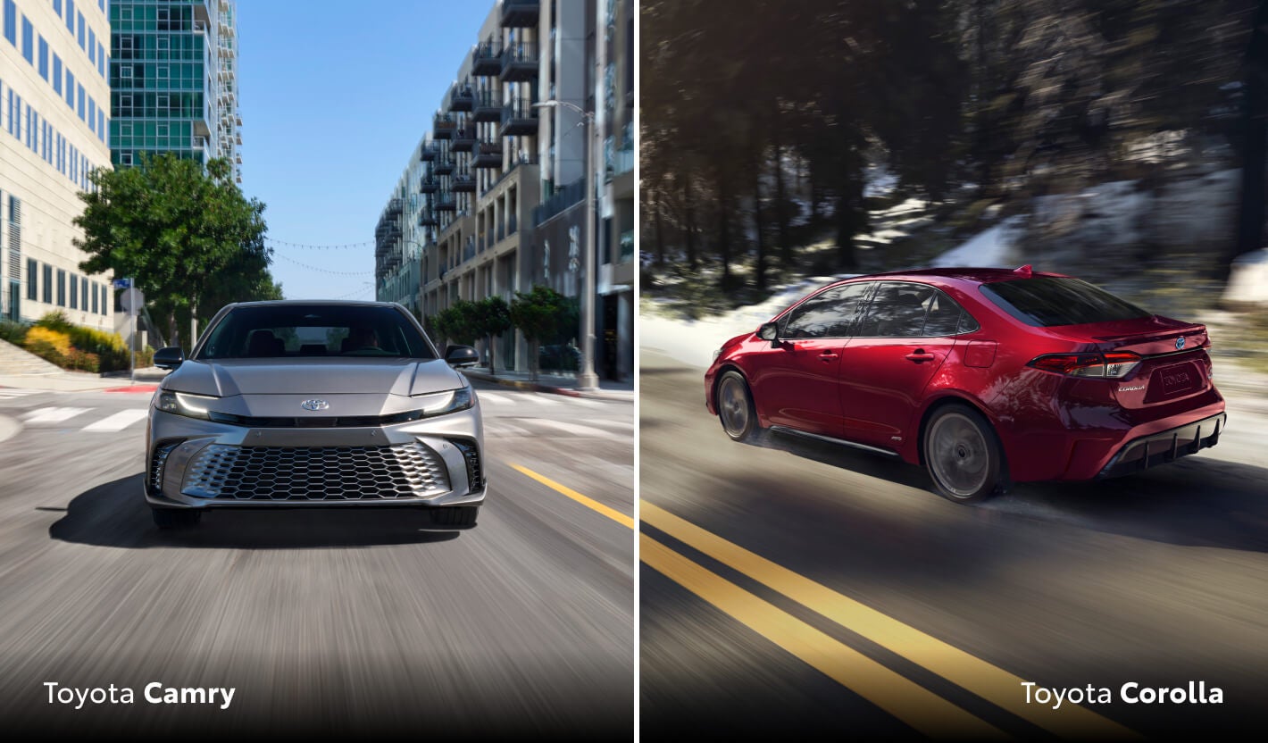 Interior comparison of the 2026 Toyota Corolla Hybrid and Camry Hybrid, showcasing their modern dashboards and infotainment systems